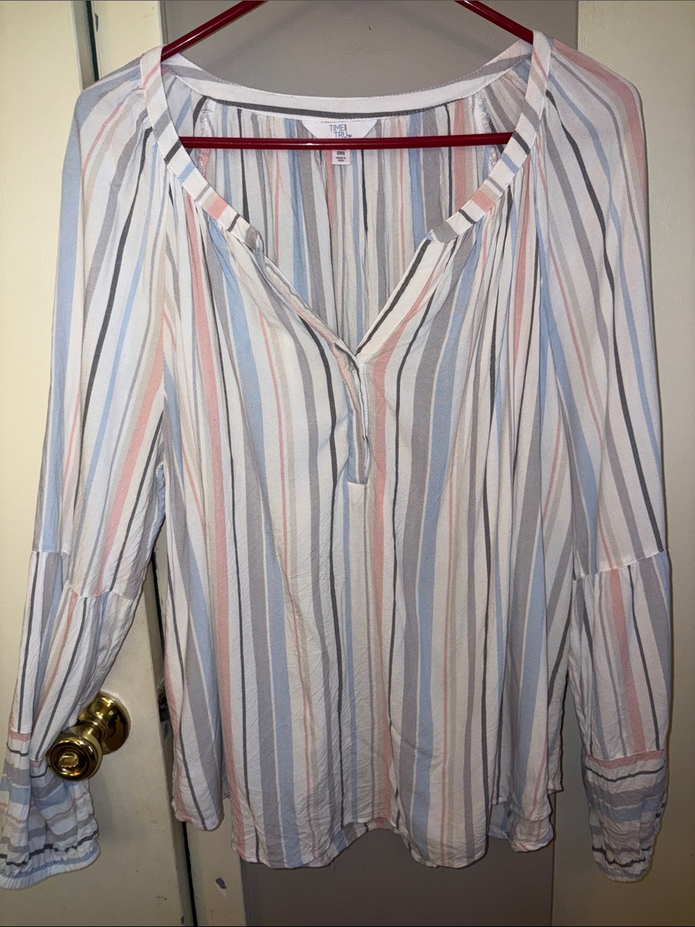 Time and Tru Pastel Striped Peasant Blouse - Blue, Pink, Gray, Cream
